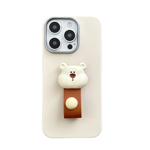 Off-white lychee leather iPhone case with 3D cartoon bear and brown finger strap