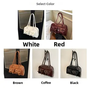 Collection of ballet-style PU shoulder bags in five colors with bow pocket detail