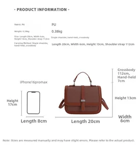 Detailed size chart for retro brown PU leather handbag with iPhone size comparison