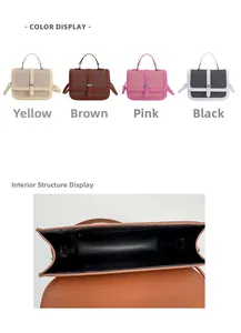 Detail view of four-color flap crossbody bags and the spacious interior compartment