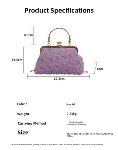 Umfassende Produktspezifikationen und Abmessungen für die lila florale Abendclutch