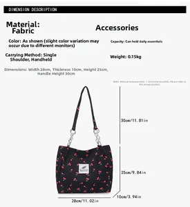 Detailed size specifications of black canvas cherry tote bag with silver chain strap