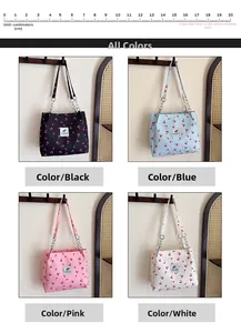 Detailed grid view showing cherry print tote bags in black, blue, pink, and white colors