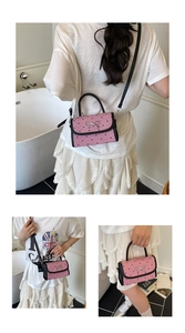 Detailed views of a pink bow shoulder bag with black polka dots and silver hardware