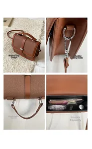 Detail view of brown patchwork handbag showing metallic hardware and spacious interior