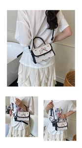 Three lifestyle views of a white mini handbag with red bows and contrast black trim