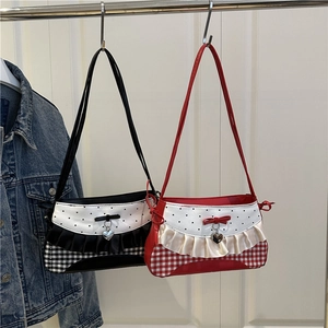 Baguette Underarm Bag PU Leather Gingham Plaid Pattern Ruffle Lace Trim Bow Heart Pendant Sweet Cool Y2K Style