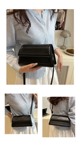 Detailed views of a black minimalist leather rectangular shoulder bag in indoor settings