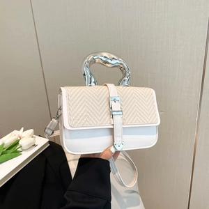 Minimalist white leather and woven small square handbag with stylish silver metal handle