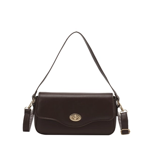 Classic dark brown leather shoulder bag with gold turn-lock closure and vintage flap design