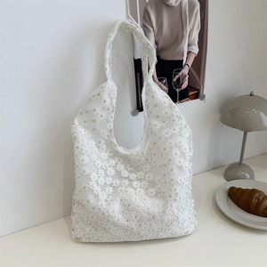 Women Sweet White Lace Daisy Embroidery Tote Bag Fresh Mesh Shoulder Bag Lightweight Floral Sheer Beach Shopping Handbag
