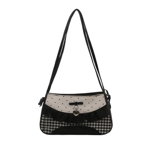 Black and white lace baguette bag with heart prints and checkered ruffles detail