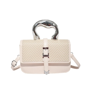 Fashion cream leather and woven crossbody bag with unique silver metallic handle
