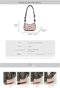 Detailed dimensions and strap options for pink bow-print PU leather shoulder bag
