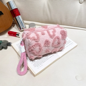 Pink heart leopard plush handbag large capacity teddy fleece travel makeup bag