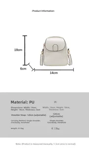 Detail view of white PU crossbody bag dimensions and adjustable strap specifications