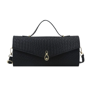 Elegant black woven texture handbag with golden 8-shape metal buckle and adjustable strap