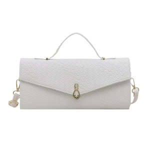 White minimalist square handbag with crocodile texture and gold infinity metal buckle