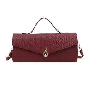 Retro deep red woven rectangular handbag with golden twist lock and slim shoulder strap