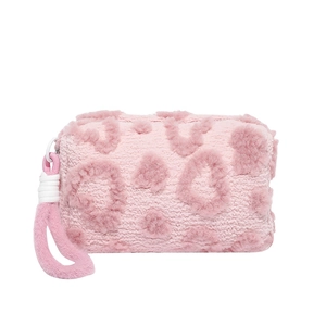 Pink plush handbag featuring a sweet heart leopard pattern and soft faux fur texture