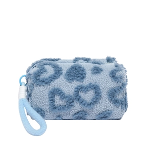 Summer 2025 light blue plush handbag with blue heart patterns and fluffy lanyard