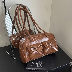 Women Glossy PU Leather Underarm Shoulder Bag With Double Bow Pockets Retro Balletcore Style Solid Color Versatile