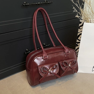 Elegant wine red PU leather tote bag with bow pockets and long handles for women