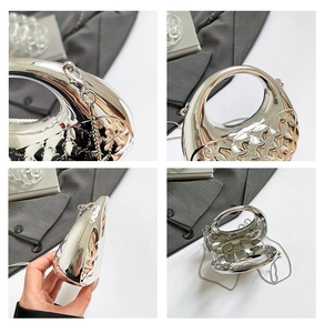 Detail shots of a silver quilted acrylic crescent evening bag showing texture and interior