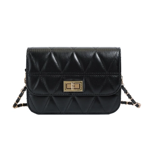 Classic black quilted leather crossbody bag with triangle stitching and gold metal lock