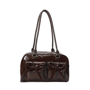 Minimalist deep brown patent leather shoulder bag with pockets and cute bow accents
