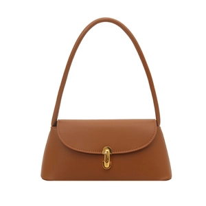 Minimalist brown leather small square bag with golden U-shaped buckle and long strap
