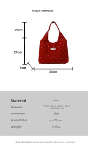 Tableau des tailles détaillé et dimensions du sac cabas rouge à pois en polyester