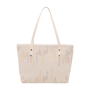 Cream tote bag with colorful embroidery and leather straps shown from front view