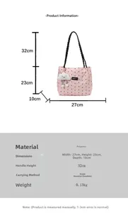 Detailed size chart for pink polyester bow tote bag showing 27x23x10cm dimensions