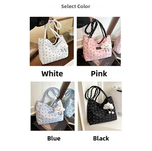 Quilted tote bags in four colors featuring bow texture and plush cloud charms