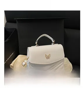 Detailed shot of cream-white bag with golden butterfly clasp on luxury silk gift box
