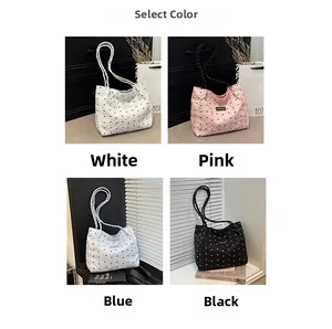 Detailed grid view showing four colors of quilted tote bags with woven shoulder straps