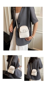Vertical collage showing front and side views of a white glossy PU leather crossbody bag