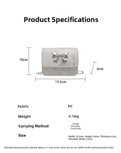 Size guide for mini crossbody bag with metal bow detail and silver snake skin pattern