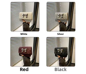 Detailed grid view of mini crossbody bags with bow clasp in white, silver, red, and black