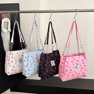 Women Cherry Print Tote Bag Large Capacity Fabric Shoulder Bag With Metal Chain Strap Sweet Fashion Casual