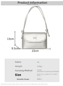 Detailed view of silver bow handbag showing 23x13x9.5cm size and long strap specs