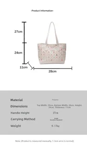 Detailed dimension guide for cream canvas tote bag with cute bear and floral prints
