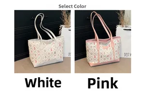 Detail view of pink and white quilted tote bags with cute cartoon bear prints
