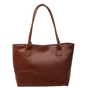 Brown woven texture tote bag with large capacity and double handles for daily commute