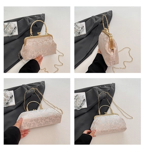 Vue détaillée en quatre plans du sac à main brodé vintage avec jacquard floral doré