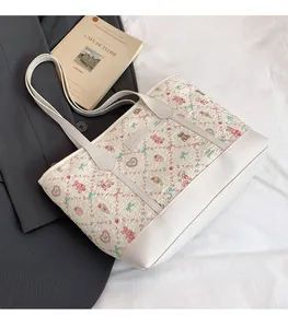Close-up of printed floral tote bag with cute bear patterns and textured fabric details