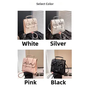 Collage of mini bow backpacks in white, silver, pink, and black faux leather colors