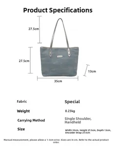 Detail showing blue tote bag dimensions 35x27.5x13cm with measurement markings