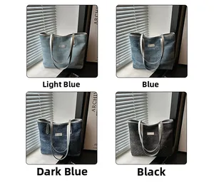 Color options of denim tote bags in light blue, blue, dark blue, and black shades